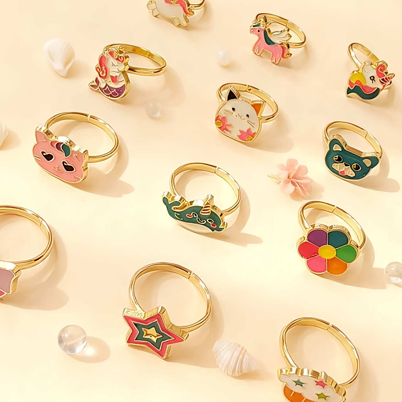 12pcs Girls' Adjustable Animal Style Rings Set