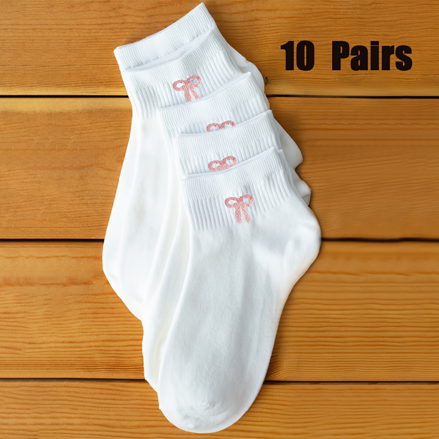 TEMU 10 Pairs Women's Cute Bowknot Ankle Socks - Black & White, Invisible, Versatile For Daily Wear, Holidays, And Outdoor Activities, Hand Wash Or ,