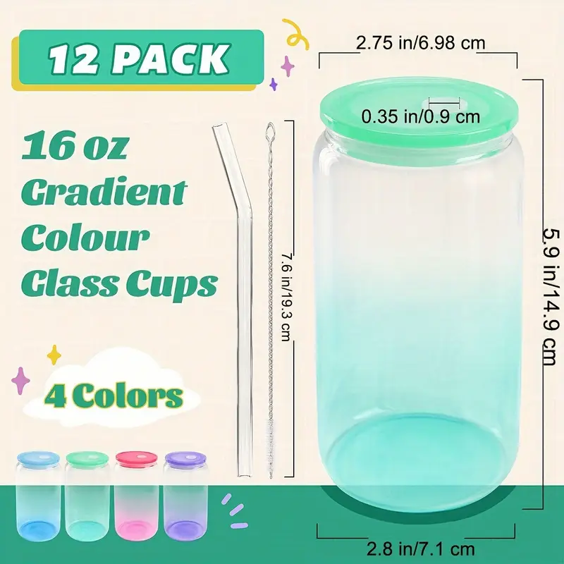 12 packs 16 oz glass cups with acrylic lids and straws can shaped glass iced coffee cups with lids gradient drinking glasses cute tumbler cup great for smoothie soda boba tea cocktail beer gift Product details 2