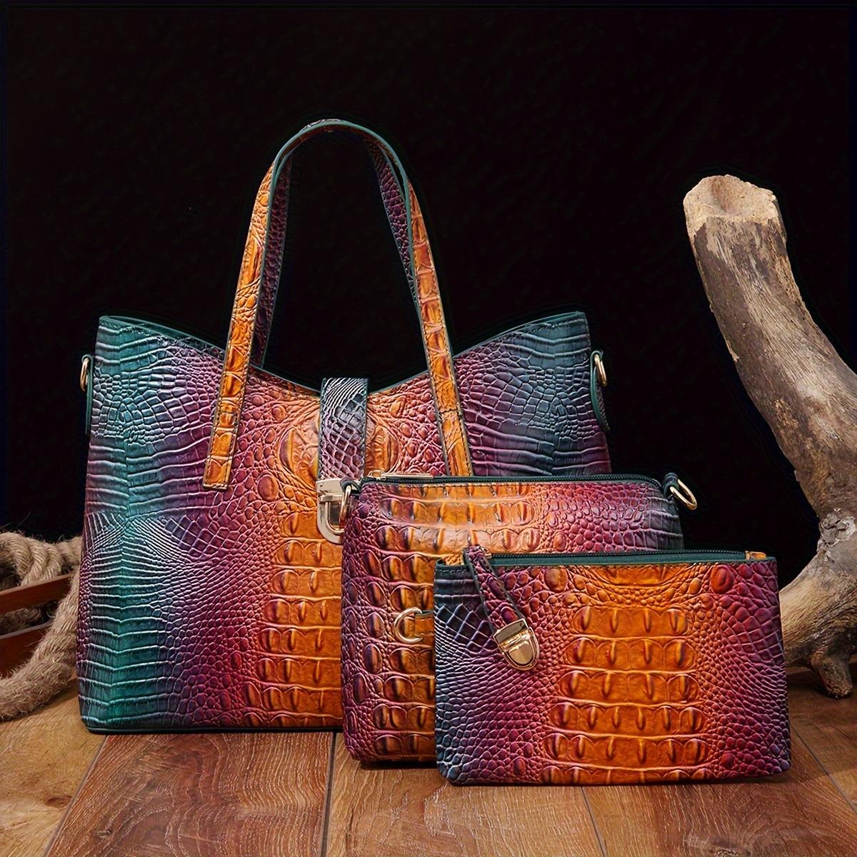 

3pcs Gradient Color Purse Set, Fashion Crocodile Pattern Tote Bag, Women's Handbag With Crossbody Bag And Mini Coin Purse