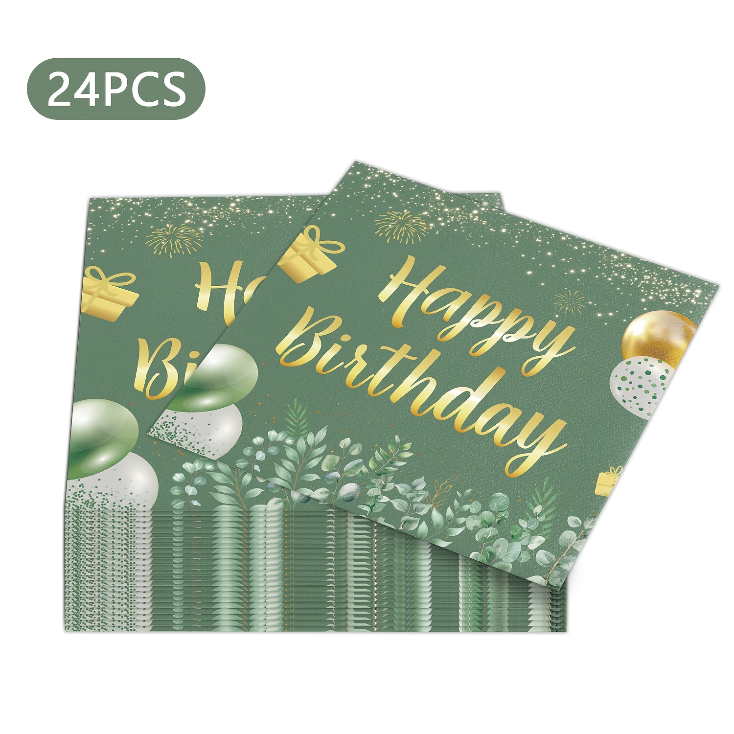 Image of 24pcs Happy Birthday Cocktail Napkins - Birthday For Party Dinner Hand Napkin With Golden Stampin Sage Green Flower For Party Supplies Decorations Table Decor For Halloween、christmas