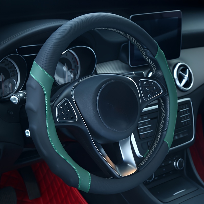 New   Leather Spliced Steering Wheel Cover Universal Standard Size 14 1/2 -15 Breathable Microfiber with  