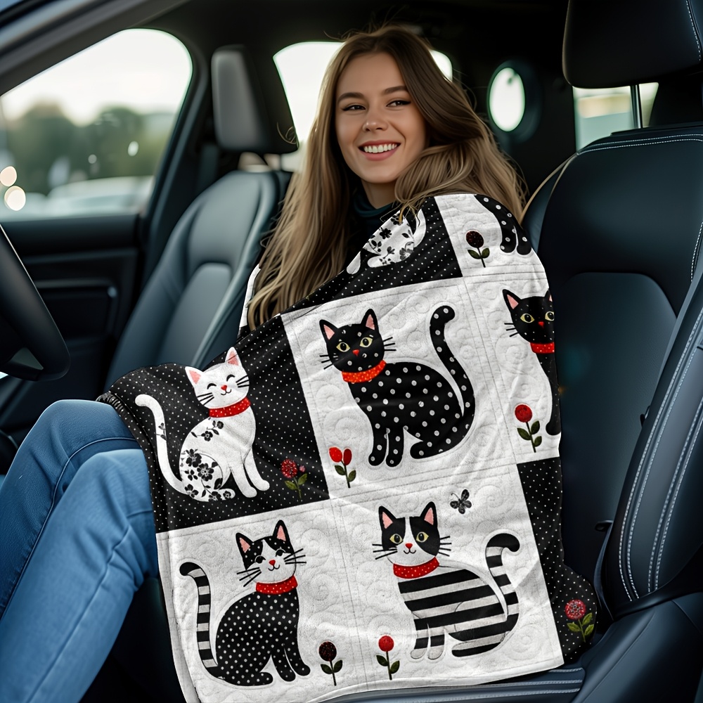 TEMU 1 Couverture en flanelle à pois et rayures noires et blanches avec chat , couverture de douce, confortable et chaude, couverture décorative pour