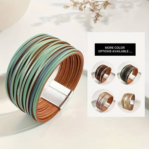 1pc of bohemian multi stripe gradient pu magnetic clasp bracelet a layered vintage mixed color wide faux leather wrap bangle