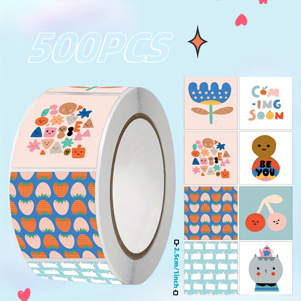 Image of 500pcs Colorful Square & Round Decorative Paper Stickers - With Fruits, Animals, And Abstract Patterns For Gifts, Envelopes, And Crafting