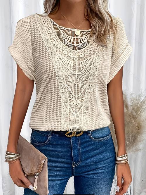 womens elegant batwing sleeve blouse breathable semi sheer lace trim pullover top relaxed fit machine washable shirt versatile fashion delicate detailing