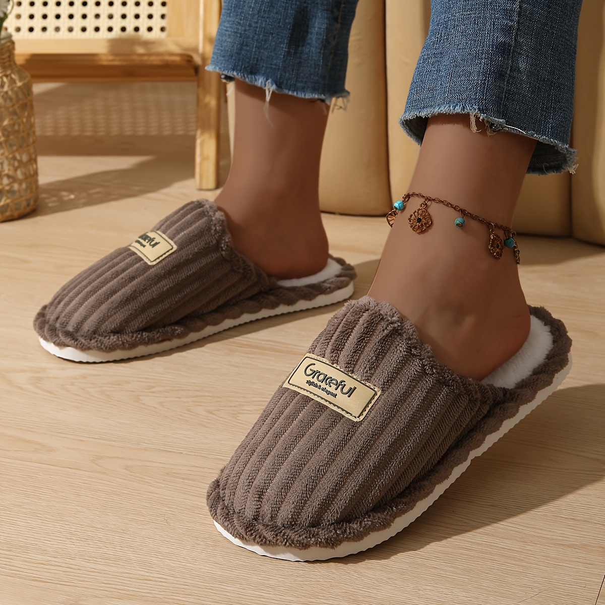 Image of Women's Cozy Winter Slippers With Vertical - Soft Fabric Upper, Non-slip Eva Sole, Warm Indoor House Shoes For Home & Outdoor Use, , Cute Slippers