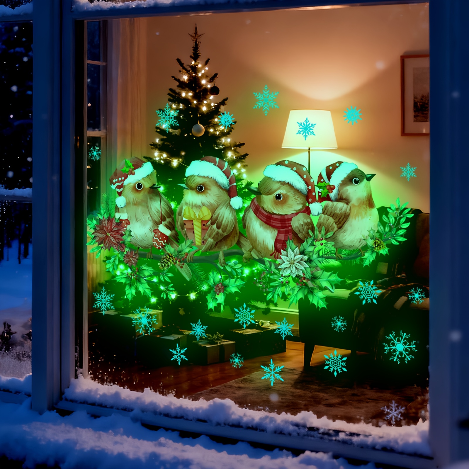 TEMU Glowing Christmas 4pcs Birds Window Stickers In The Dark, Luminous Snowflake Branch Static Window Cling Stickers, Christmas Door Decoration