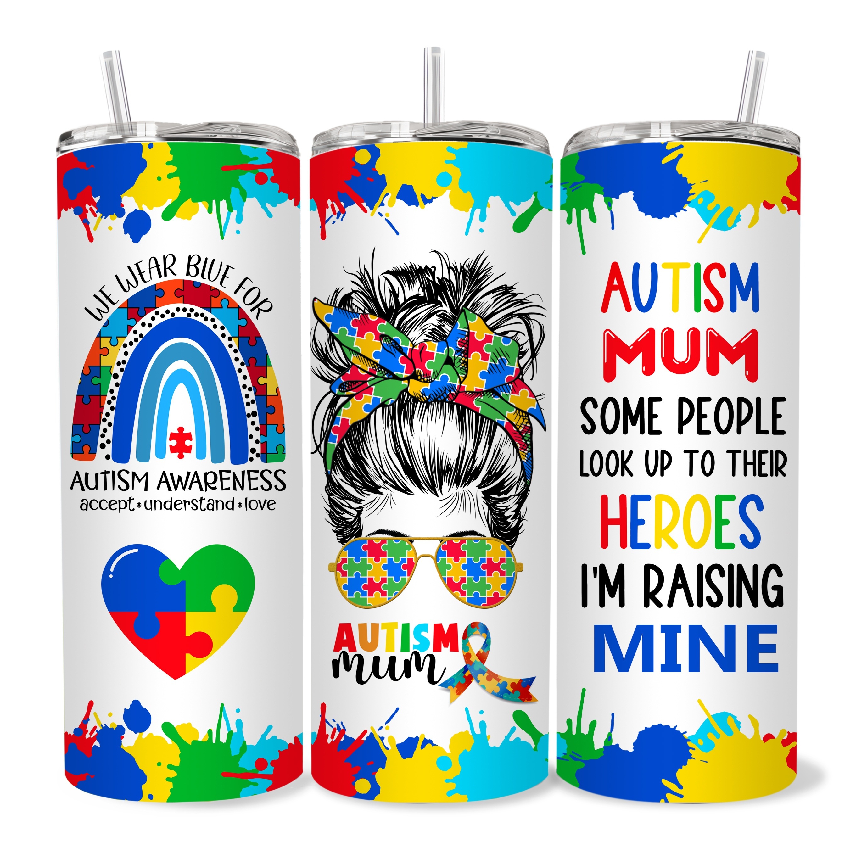 

1-pack Autism Awareness Insulated Stainless Steel Tumbler With Lid And Straw - 20oz Bpa-free Metal Travel Cup For Outdoor, Summer, Winter, Perfect Gift - Hand Wash Only Reusable Round Mug