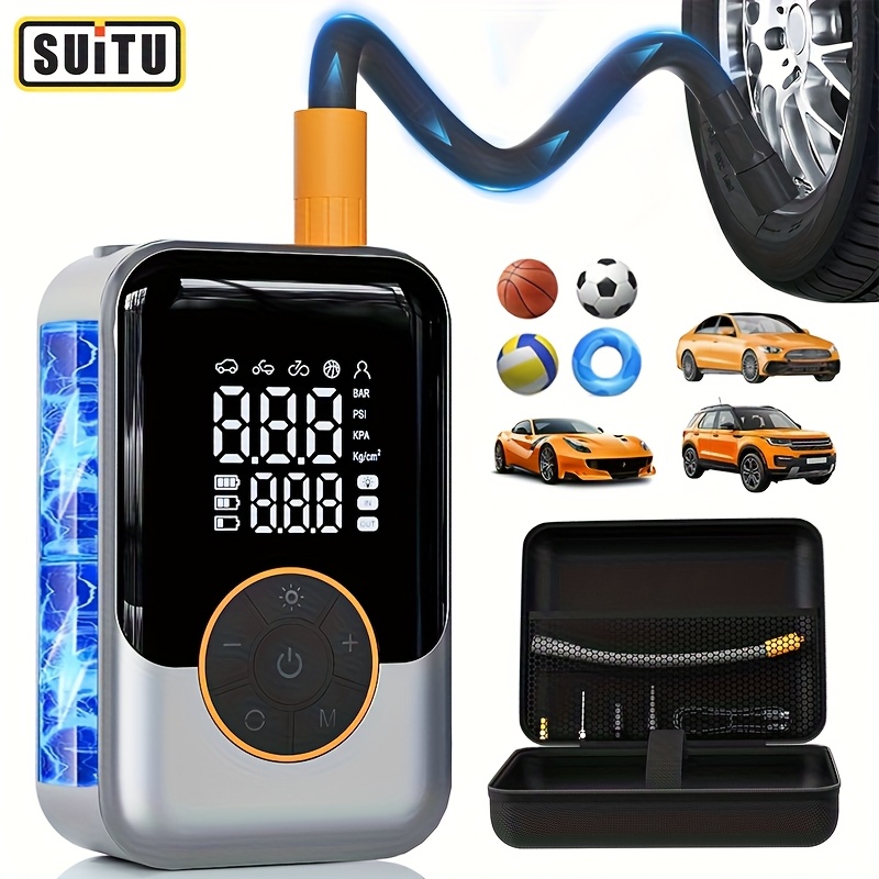 Multi-functional Portable Car Air Pump From Suit, Mini Tire Inflator, Handheld Cordless Air Compressor, Usb Rechargeable, With Digital Pressure Gauge And Led Light, Air Pump, With A Storage Bag For