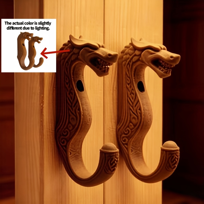 TEMU 2pcs Nordic Viking Dragon-shaped Carved Hooks Retro Tribal Style Wooden Texture Entryway Bedroom Door Storage Decoration Hanging Rack 3d Printed