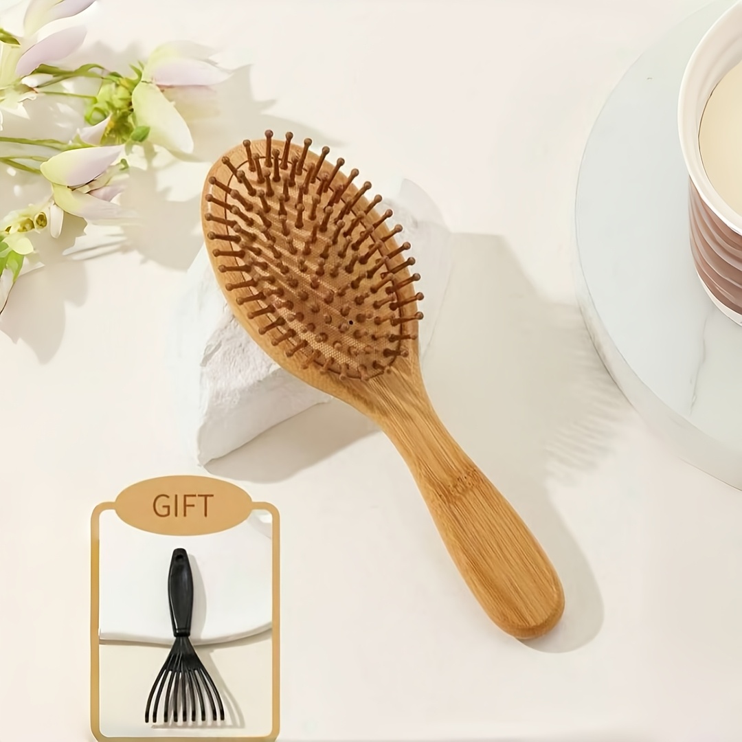 Image of 2pcs Wooden Bamboo Hair Brush With Cleaning Claws & Air Cushion Comb - Bamboo Bristles Suitable For All Hair Types, Scalp Massager, Anti-static Detangling Brush For Static, For Hair Care