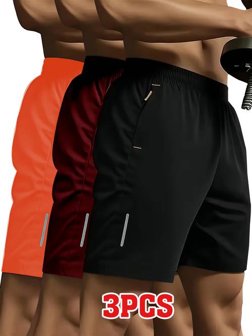 imagen del artículo juego de 3 piezas de pantalones cortos , pantalones cortos deportivos informales para hombre con diseño estampado de tira reflectante, bolsillos con cremallera cara, tela de poliéster cómoda y transpirable, cintura elástica, varios colores y combinaciones disponibles, a y geniales. adecuados para /exteriores/viajes/correr/senderismo/ /atuendos para citas, entrenamiento en el gimnasio, de vacaciones y esenciales para