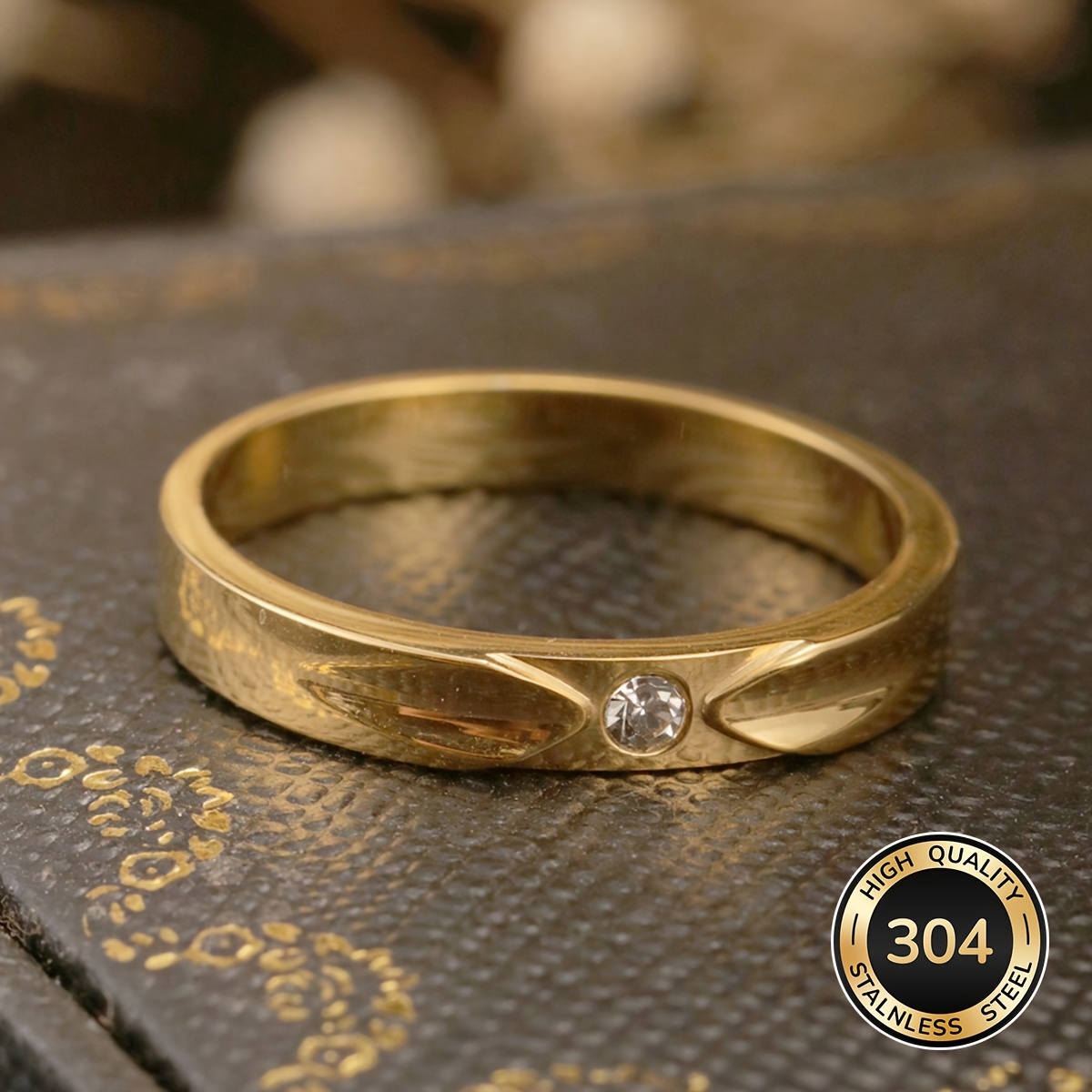 TEMU 1pc Stainless Steel 18k Gold Plated Niche Design Minimalist "" Rhinestone Ring With Exquisite Double Arrows And A Center Synthetic Zirconia,