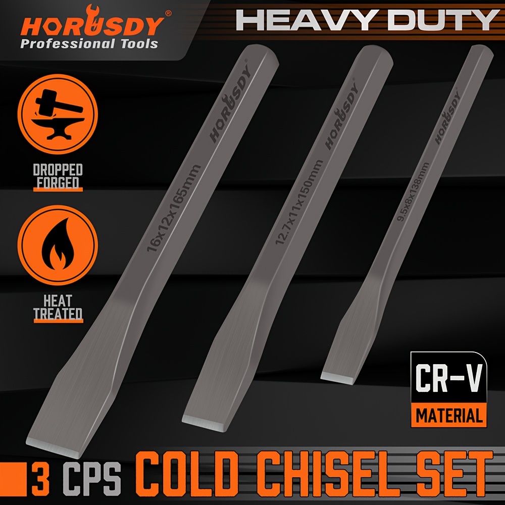 

Horusdy 3-piece Heavy Duty Cold Chisels Set, 3/8 In, 1/2 In, 5/8 In Hex Shaft