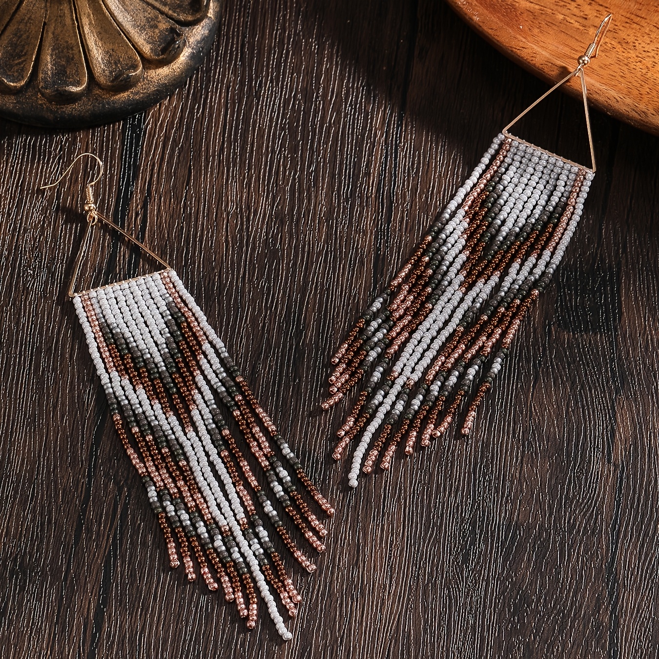 TEMU Bohemian Beaded Earrings With Ethnic Style - Vintage Design, Vacation-inspired, White, Dark Green, And Brown , Geometric Pattern, Long Tassel
