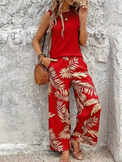 summer new womens casual suit solid color vest top and botanical print wide leg pants 2pcs set