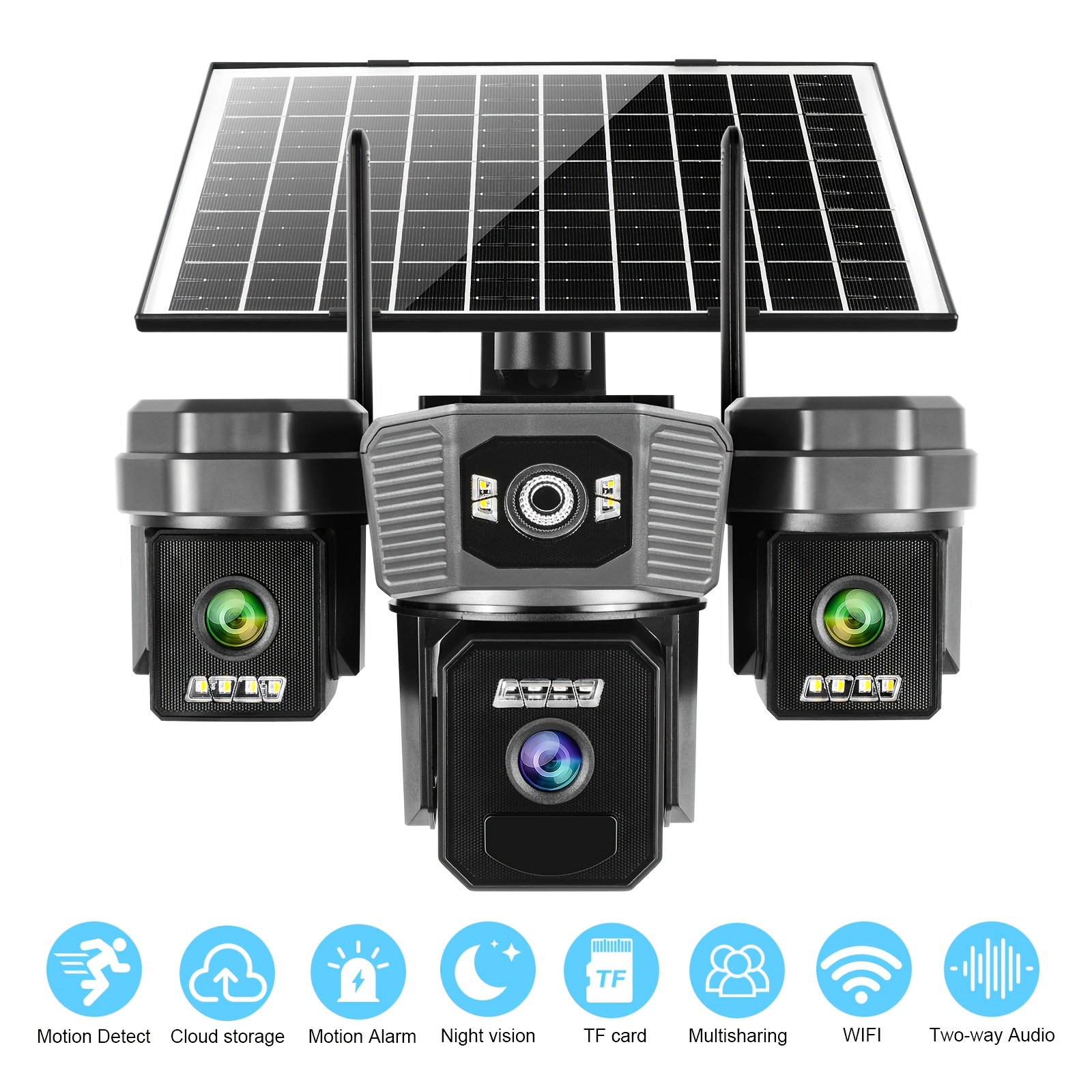 TEMU Wireless 3-lens Solar Security Camera Outdoor, Ptz Wifi Camera, 360° Panoramic View, Battery Powered, Color Night Vision, Audio, , Ip65