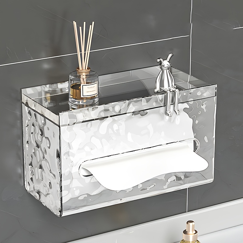 

1pcs Glacier Pattern Clear Tissue Box Holder, Waterproof Bathroom Wall Mount No-drill, Acrylic Storage Shelf For Vanity Counter-top, Transparent Dispenser For Home Restroom Decor