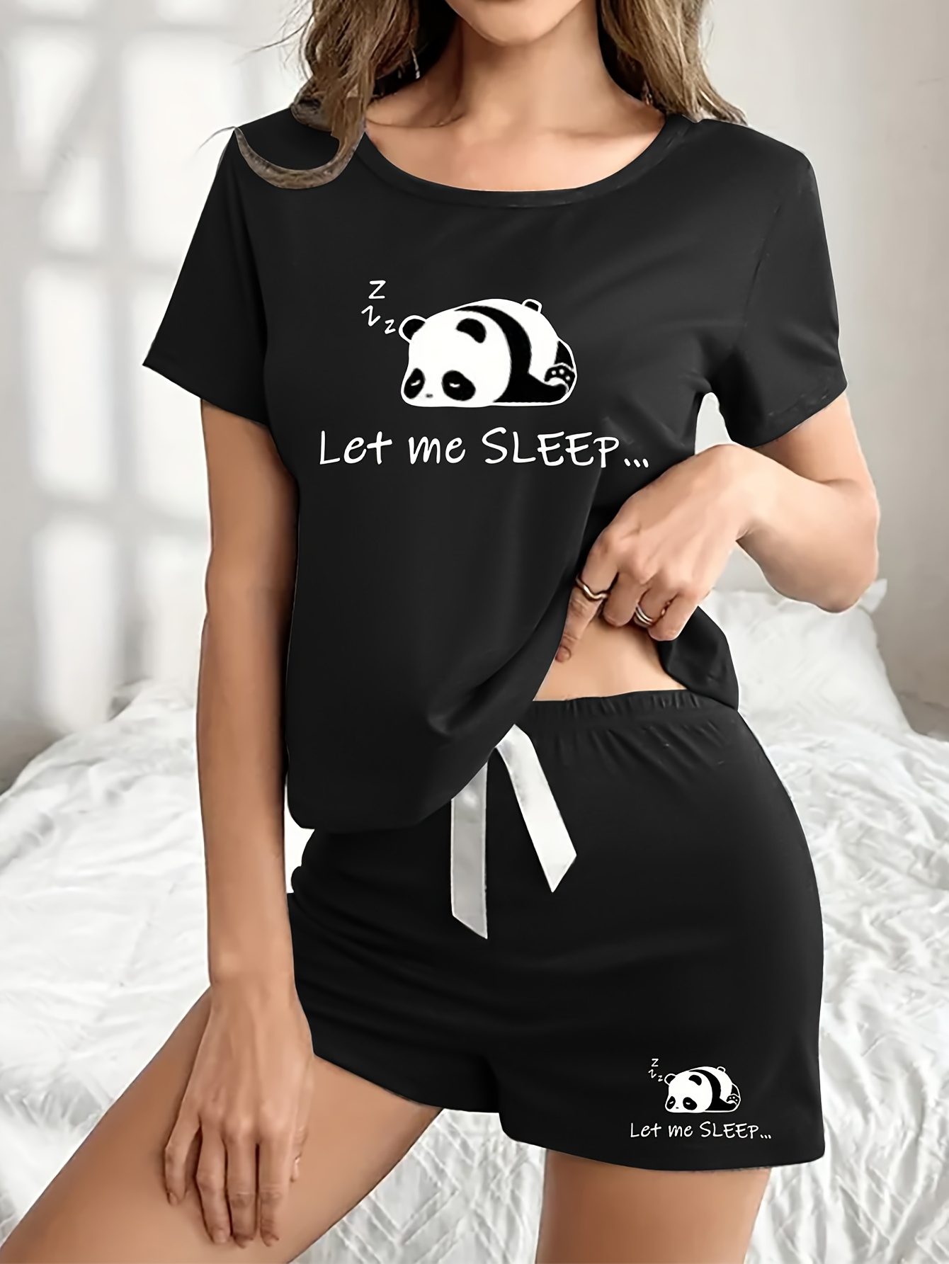 womens cute panda print pajama set with bow detail soft stretchy fabric short sleeve top elastic shorts   spring summer sleepwear and relaxation sleepwear   print   pajama set details 9