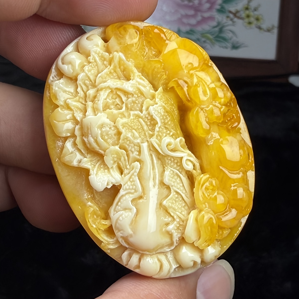 Russian Amber Floral Pattern Pendant Necklace, Unisex Gift