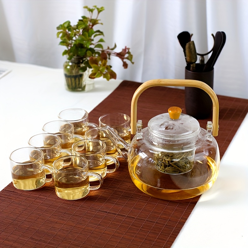 

1000ml High Borosilicate Glass Teapot With 8 Small 80ml Tea Cups, Thickened Large Capacity Kettle, Water , Tea Brewing Set.