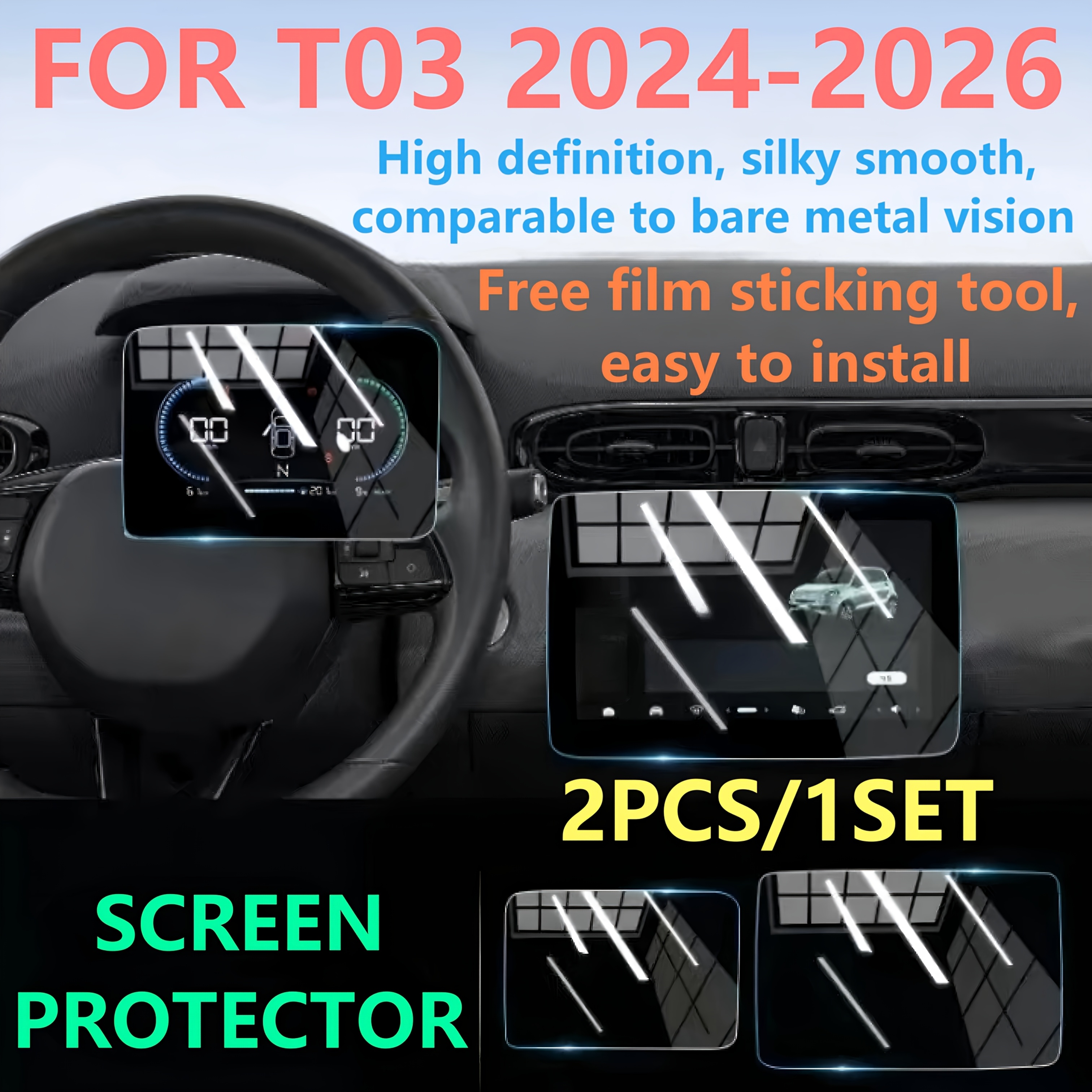 TEMU 2 piezas/1 juego para T03 2024 2025 2026 2022-2026 Protector de pantalla de + Protector de pantalla de instrumentos, película de pantalla táctil