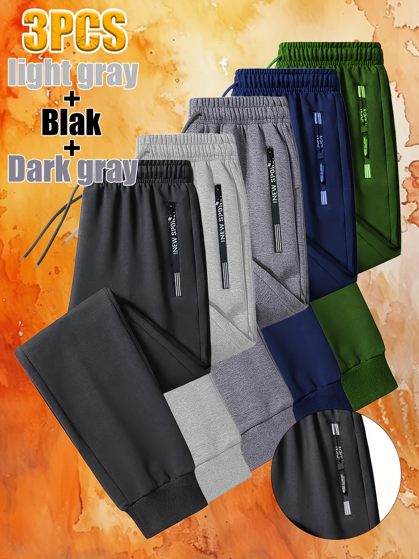 3pcs Men's Stylish Jogger Pants, Comfortable Fabric with Letter Zippered Side Bags and Elastic Drawstring Waistband for All Seasons Fashion Trends, Perfect as a Gift