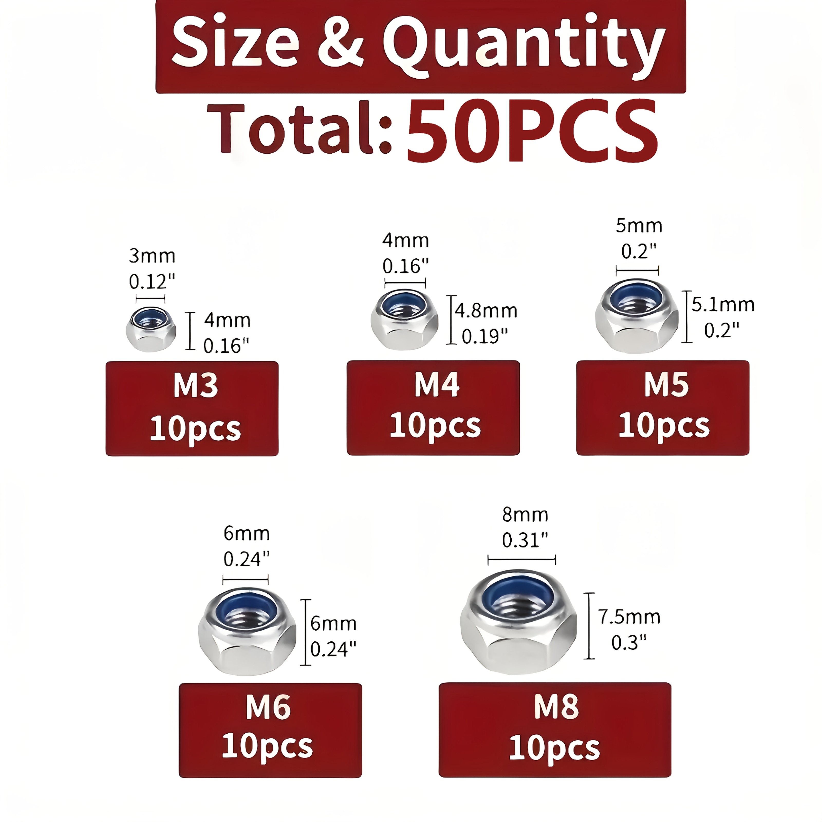 TEMU 50/300pcs A-grade Stainless Steel Nylon Locking Nuts - Anti-slip Self-locking Hex , , Right-, M3/m4/m5/m6/m8, Durable Structure For Industrial