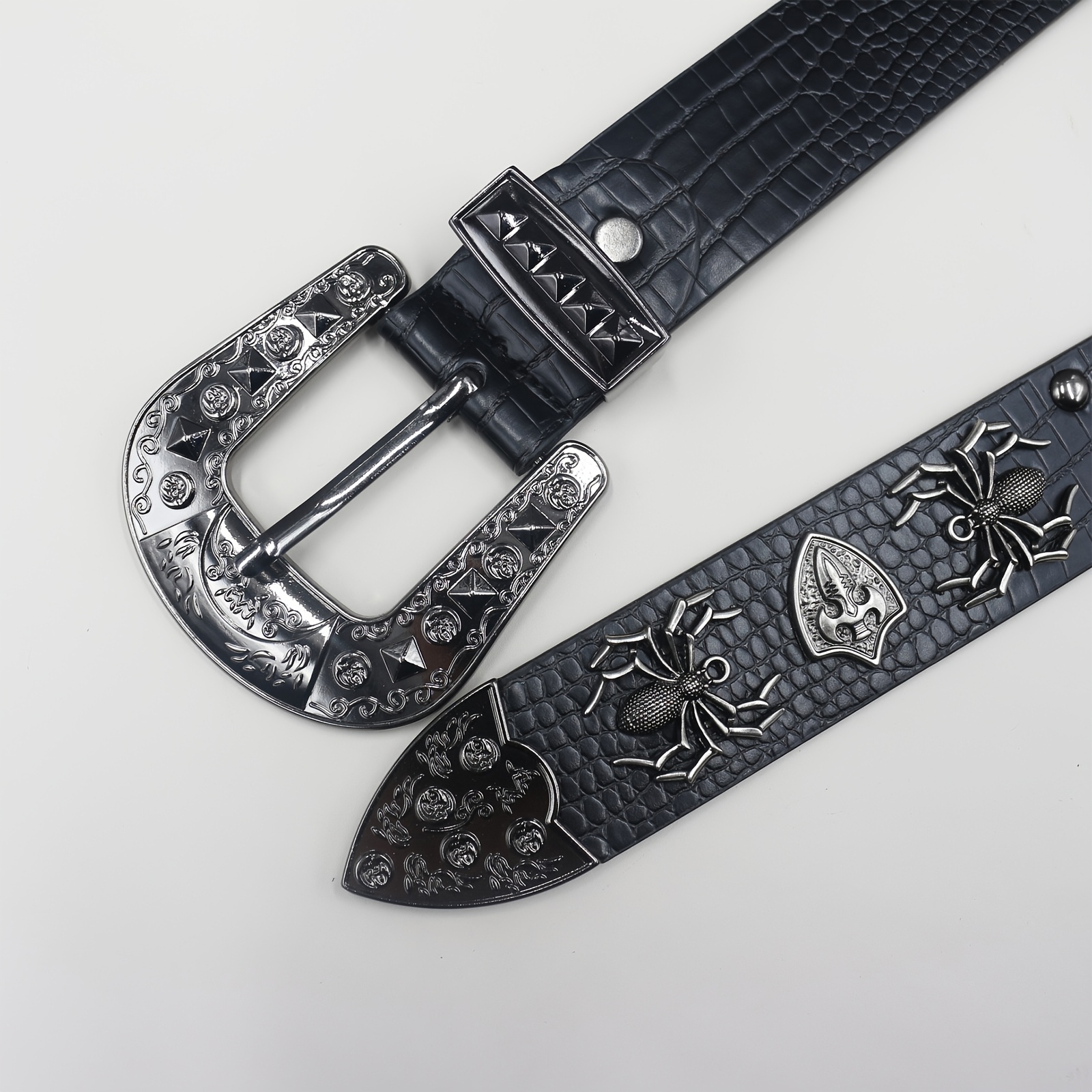 3D Spider Rivet Men Belt, Punk Style Crocodile Pattern