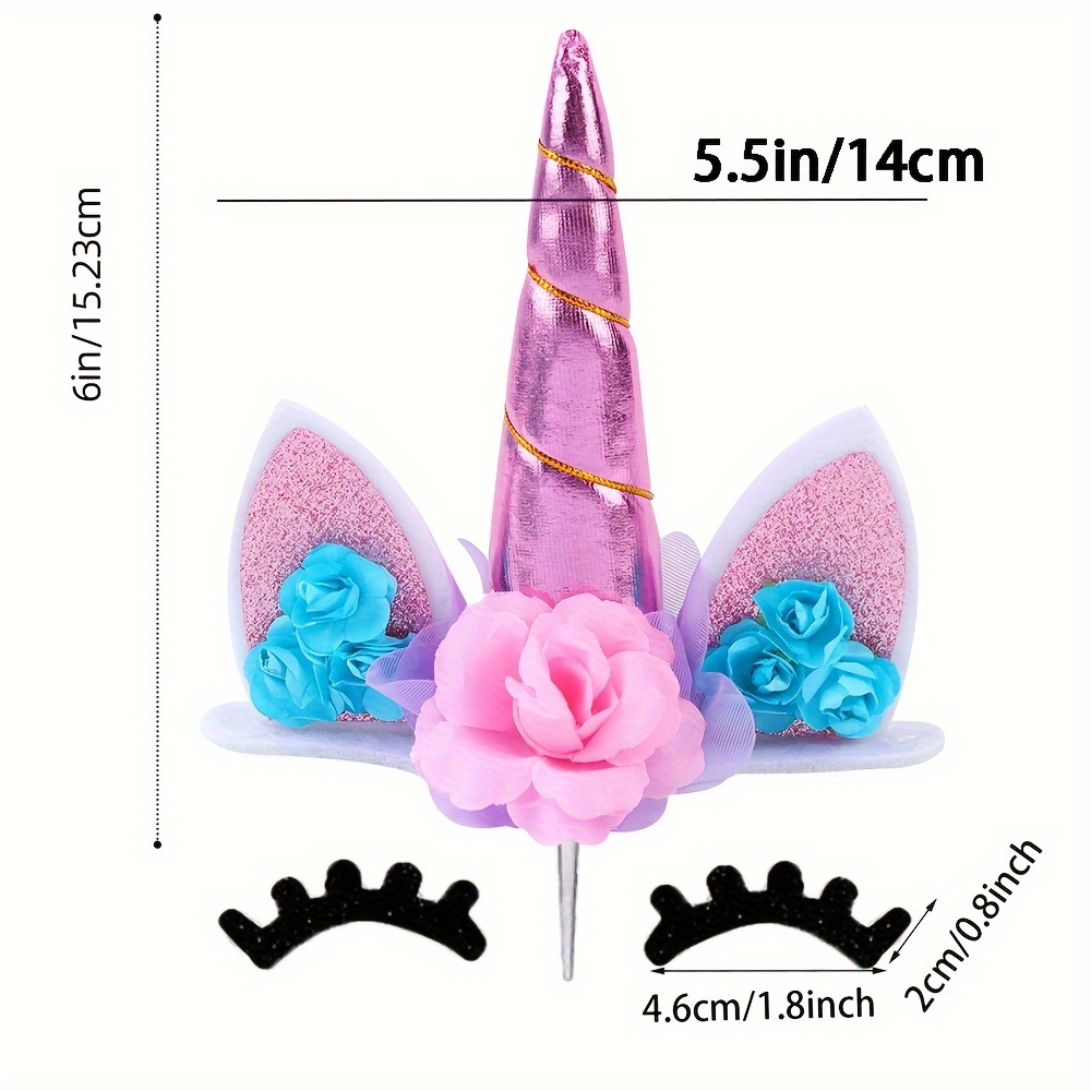 Image of Unicorn Cake Topper With Eyelashes, Rainbow Unicorn Horn, Ears And Flower For Birthday, Wedding, Party Decoration