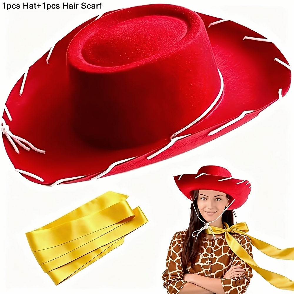 TEMU 2pcs Cowgirl Hat With Ribbon Set, Western Cowboy Hats And Hair Scarf For Men And Women | Wild West Wide Brim Cowgirl Hat For Halloween Cosplay