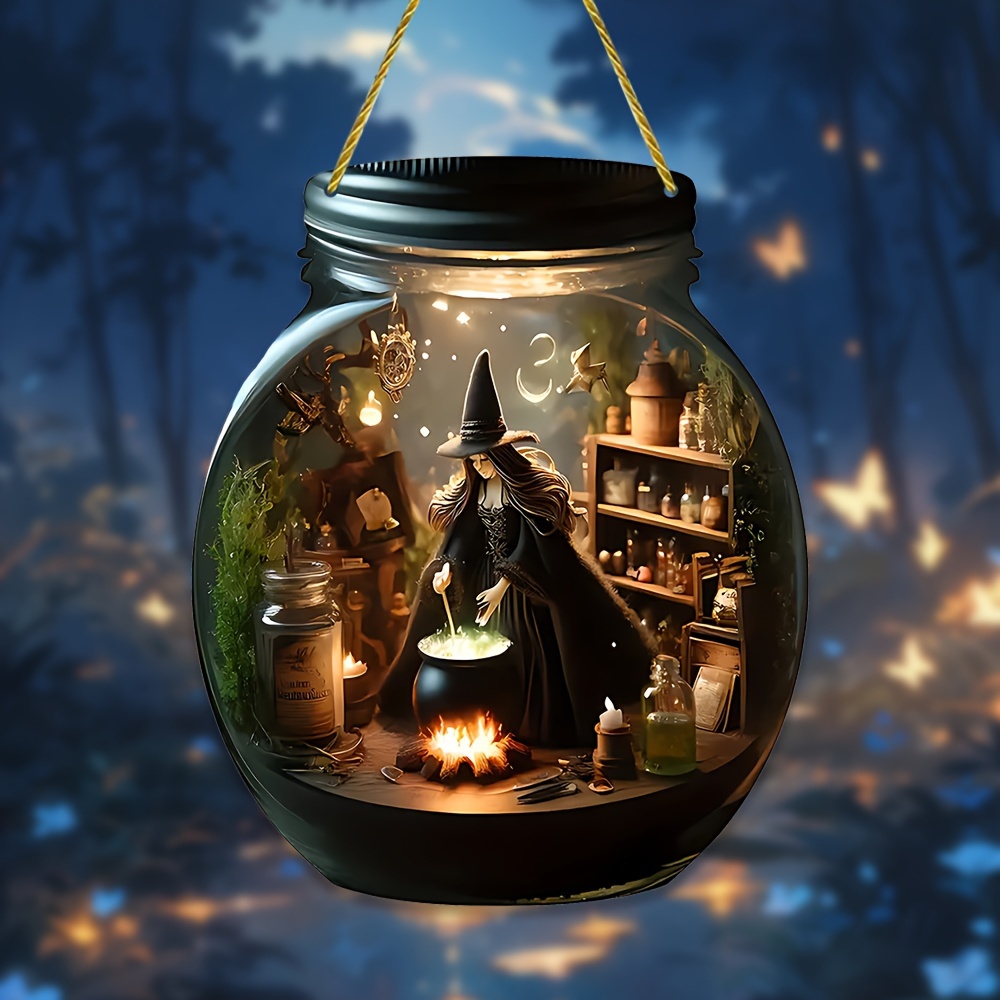 

Classic Halloween Witchcraft Potion Brewing Scene Acrylic Jar Pendant - Fantasy Themed Hanging Ornament For Door & Window Decor - Witch Figurine With Magical Accessories - No Power Needed