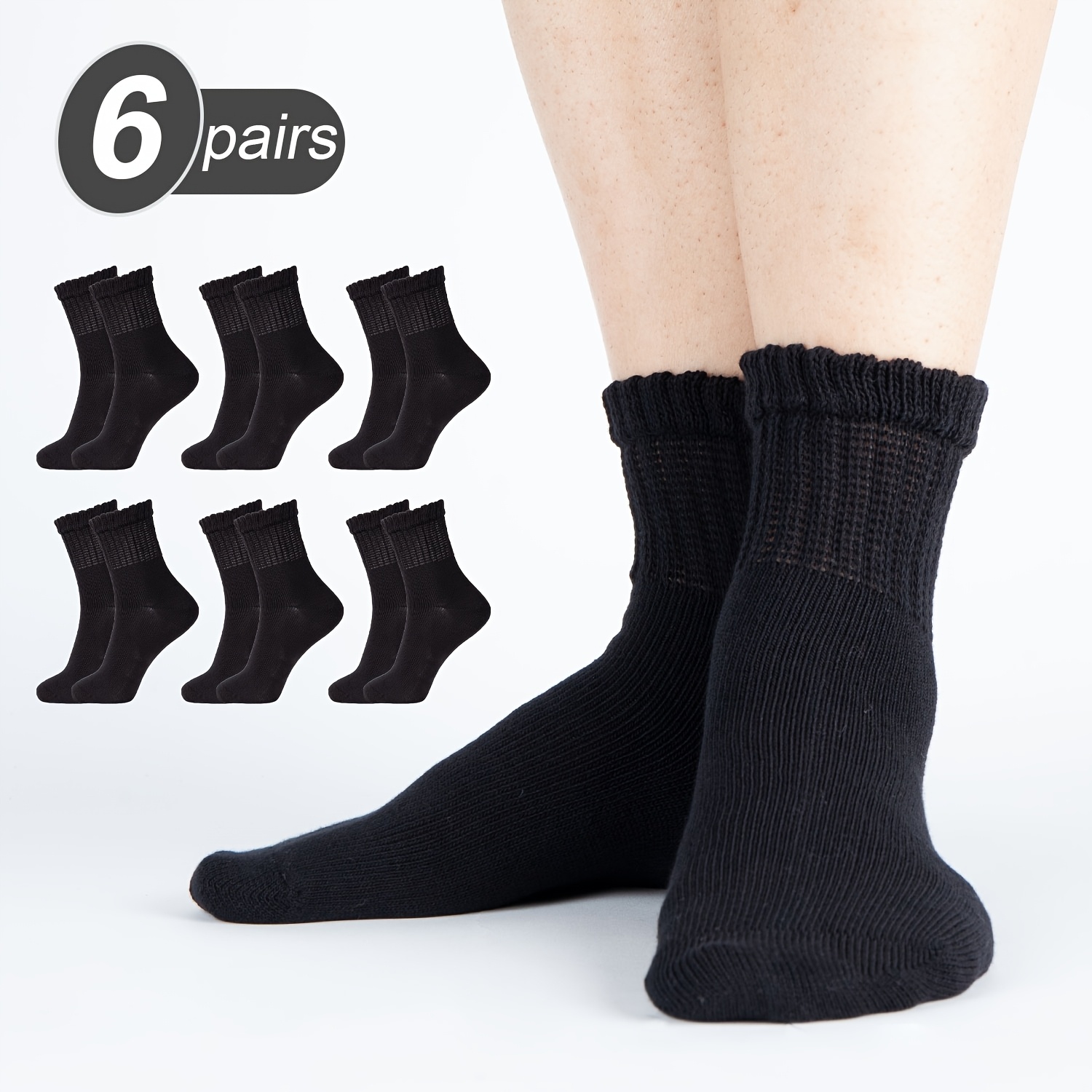 Image of 6 Pairs Suitable For Diabetics Crew Socks For - Non-binding Extra Wide , Seamless Toe, Size9-11, 10-13, 13-15, Up Recommended For Thick , Suitable For Diabetics