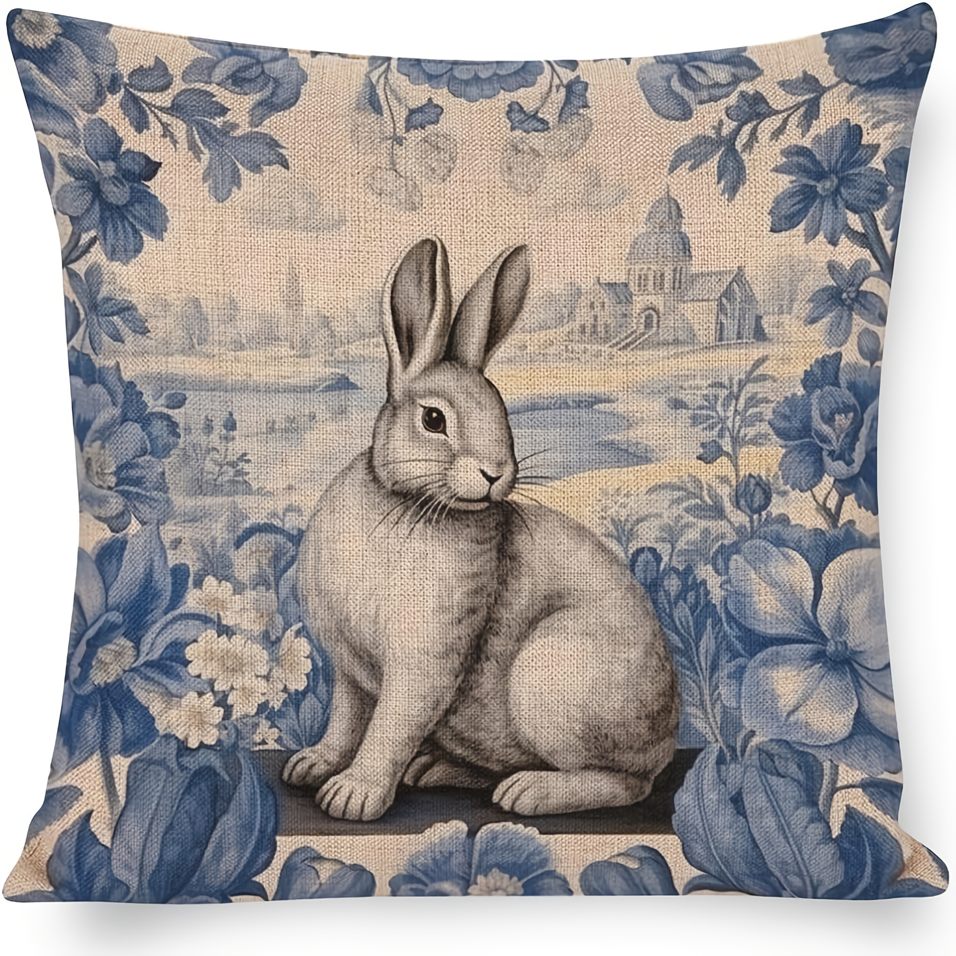 TEMU 1 pièce, Taie d'oreiller de Pâques en lin, Housse de coussin décorative Lapin hollandais bleu rustique, Housses de coussin de style française,