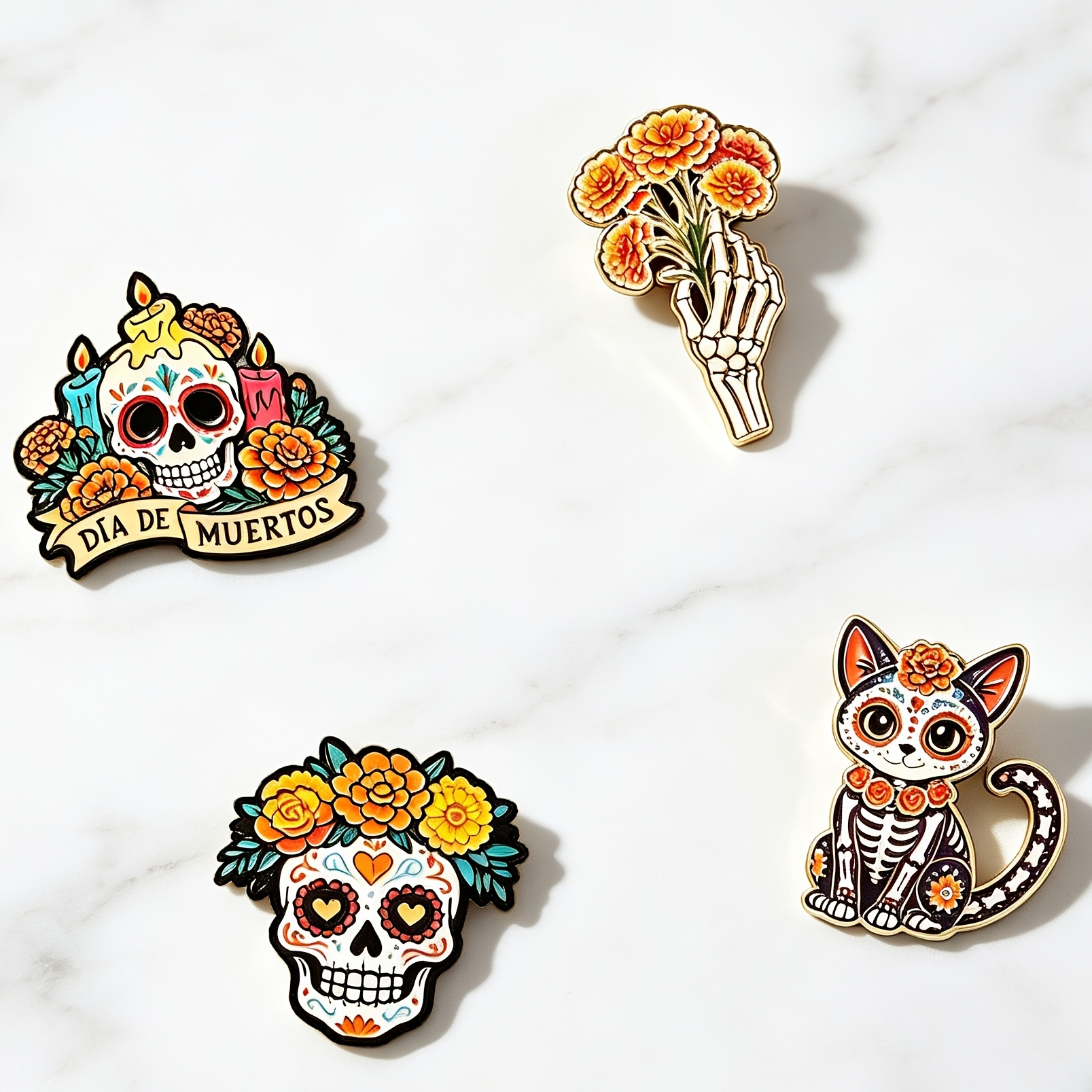 TEMU Lot de 4 badges peints squelette et souci du Jour des Morts, adaptés aux hauts de cowboy, sacs en toile, accessoires de tenue extérieure