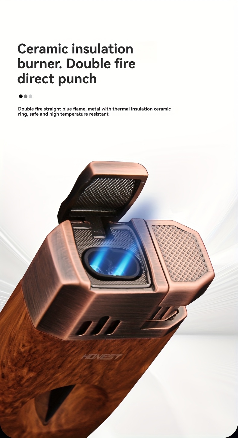 (Fuel Not Included) Cigar Lighter, Torch Lighter With V-shaped Cigar Cutter, Built-in Cigar Clip, Visible Air Window, Cigar Torch Lighter, Cool Lighter Suitable For Candles, Dual Windproof Jet Flame, Integrated Torch Cigar Lighter With Double Flame