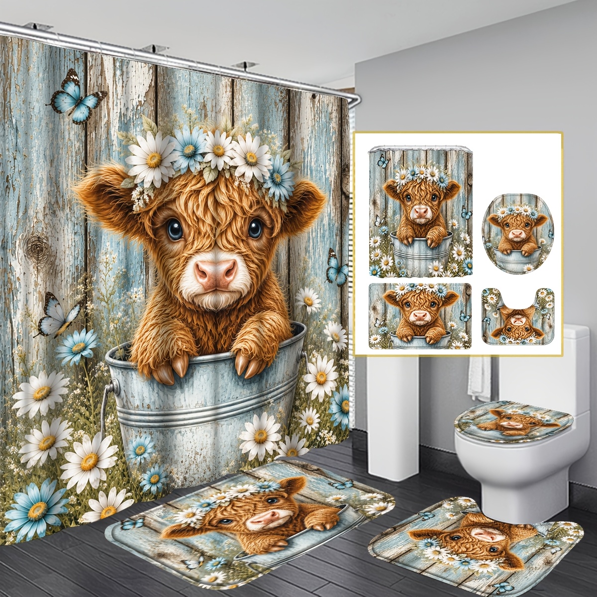 TEMU 4pcs Highland Cow Shower Curtain Set, Cute Cow Bucket Daisy Rustic Wooden Plank Print Bathroom Sets With Non-slip, Toilet Lid Cover &, Shower