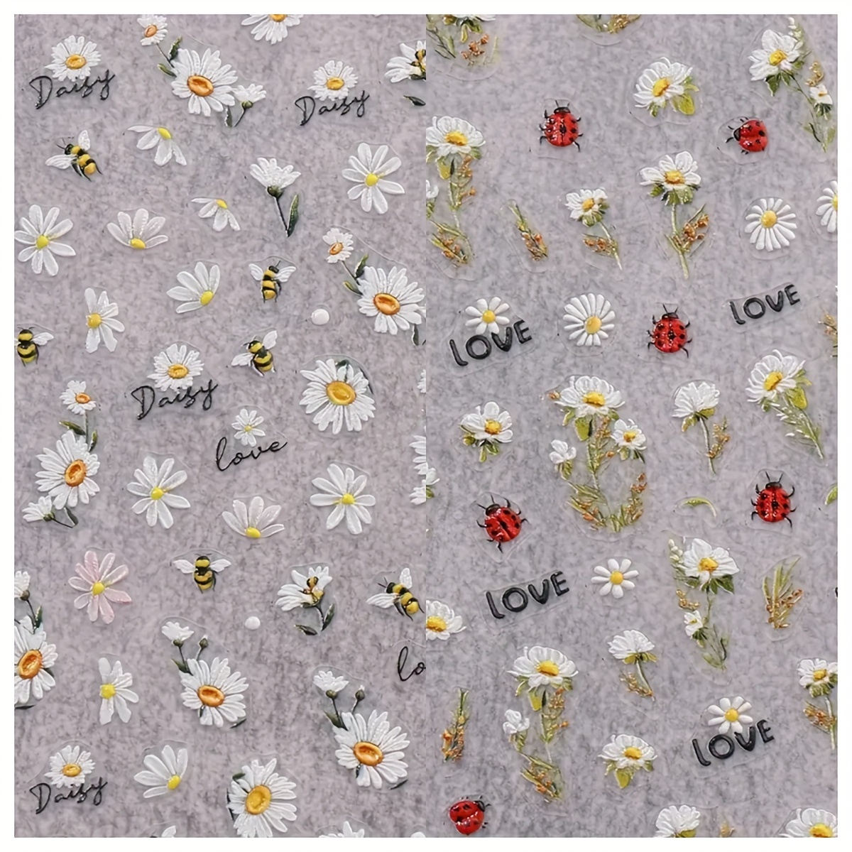 2 Sheets Summer Daisy & Ladybug Self-adhesive Nail Stickers - Embossed Accents, Nail Art Decals For Women & S, Spring Flower Nail Decor