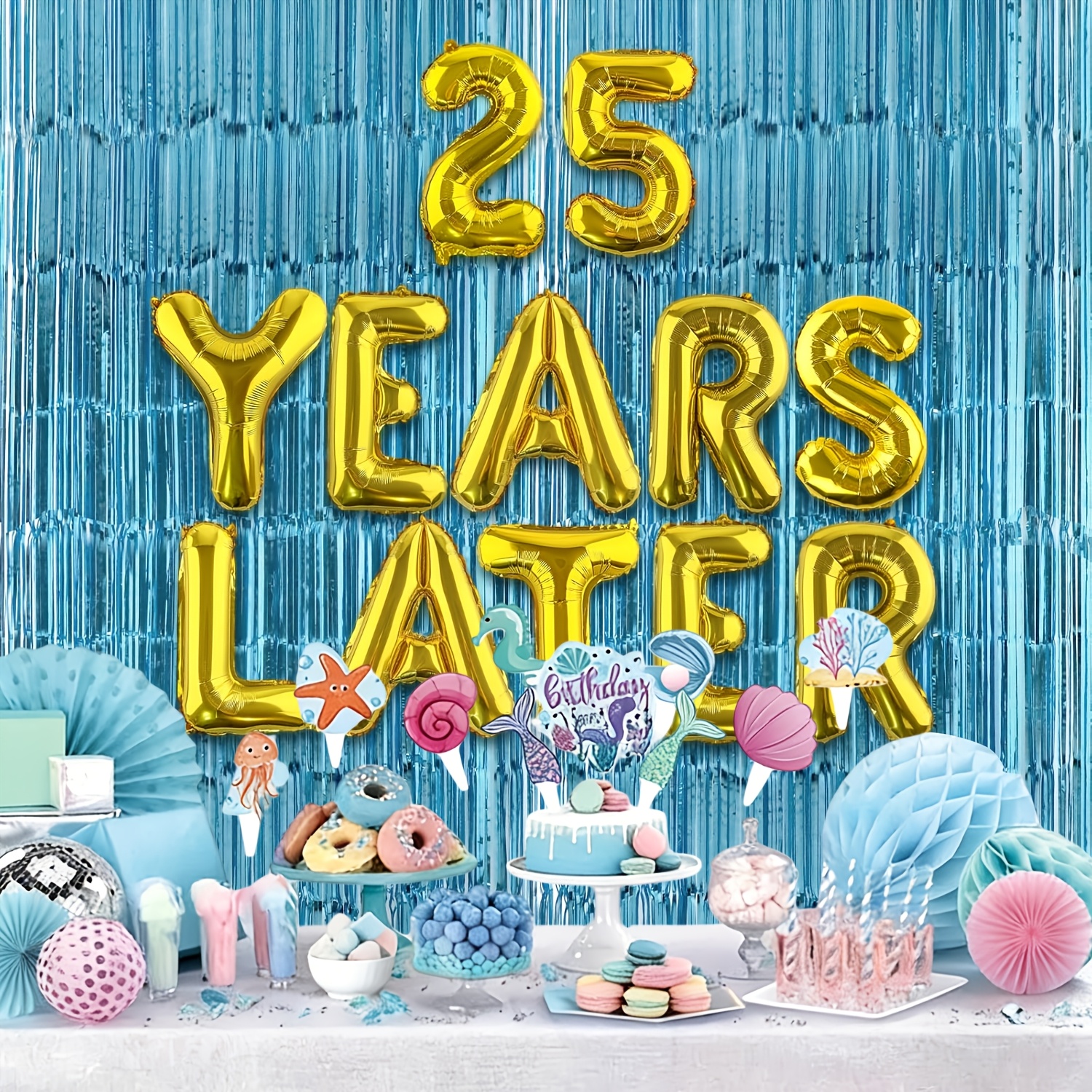 yellow cartoon 25th birthday decorations   later balloon banner with blue foil fringe backdrop