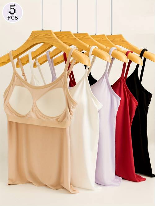 5pcs solid color small strap tank top underwear for women with pads outer wear and inner layering shapewear versatile casual beautiful back
