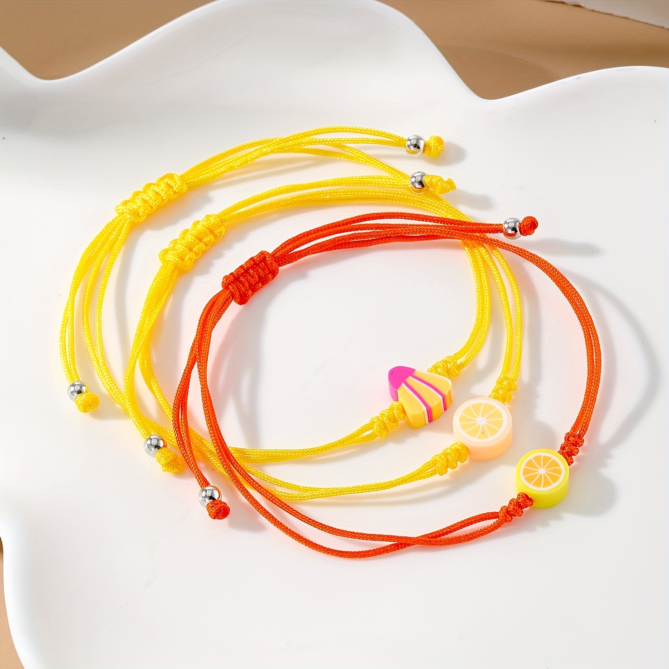 3pcs Women's Braided Bracelet Set with Adjustable Grapefruit