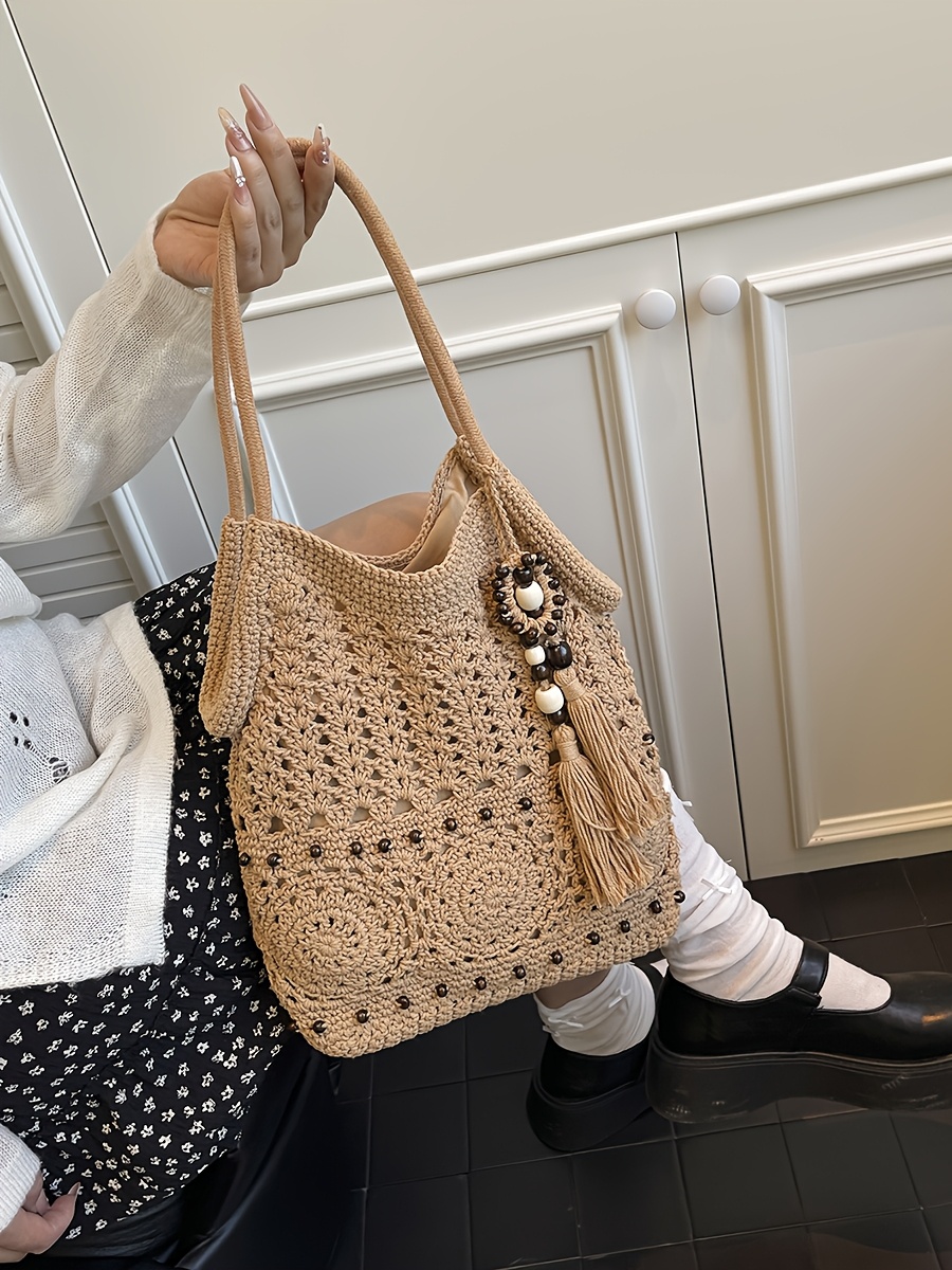Women's Tote Bag, Vacation Bag in Khaki/Beige, Crochet Boho Hobo Bag, Beach Bag for Women, Bohemian Woven Handbag, Summer Vacation Beach Handbag, Bohemian Crossbody Bag with Tassels