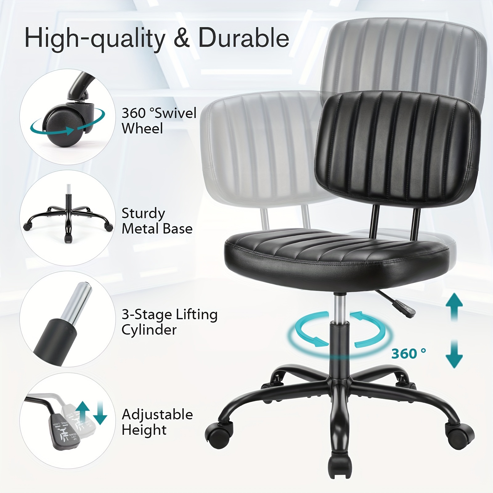 Small Desk Chair Armless, Comfortable Office Chair with Wheels, Rolling Task Chair with Low Back Lumbar Support, Vanity Chair for Bedroom Living Room Study Room, PU Leather 12 Small Desk Chair Armless, Comfortable Office Chair with Wheels, Rolling Task Chair with Low Back Lumbar Support, Vanity Chair for Bedroom Living Room Study Room, PU Leather - Image 12