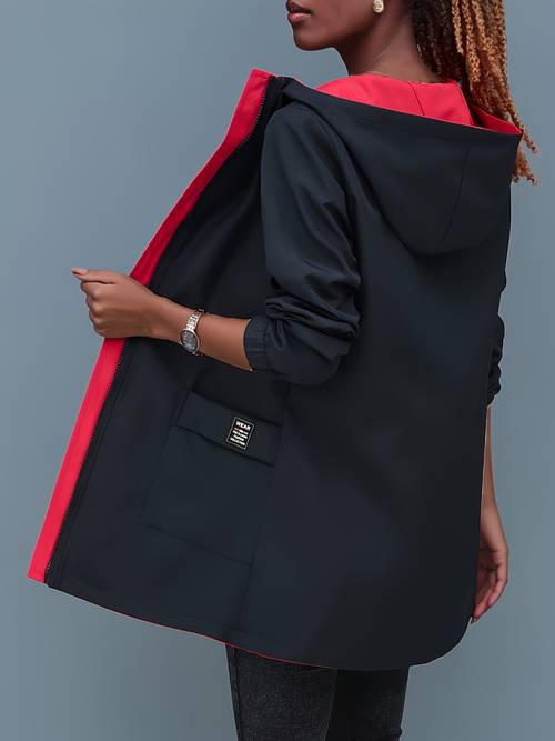 damen -length casual windbreaker jacke, doppelseitig für frühling und herbst, -oberbekleidung, modische rote und schwarze farbblöcke, kapuze, nicht herausnehmbares fronttaschen-design, reißverschlusstaschen, verstellbarer kordelzug in der taille