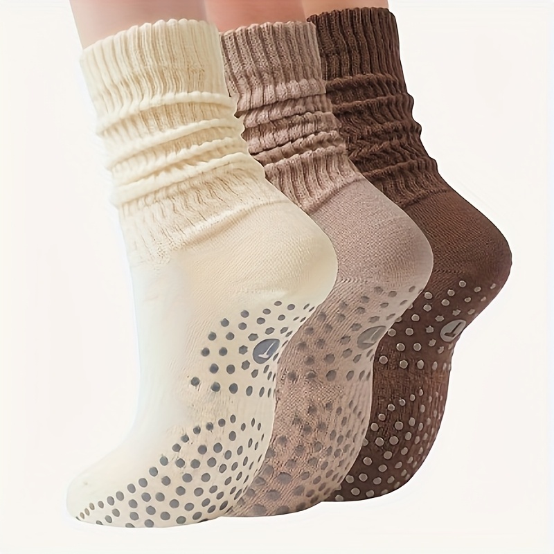 3-pack Brown Series Pilates Fitness Anti-slip Socks, Extra-long Crew Socks With Non-slip Bottom, Adjustable Cuff Height, Suitable For Sports, Fitness, And Home Use, Ideal As A Gift