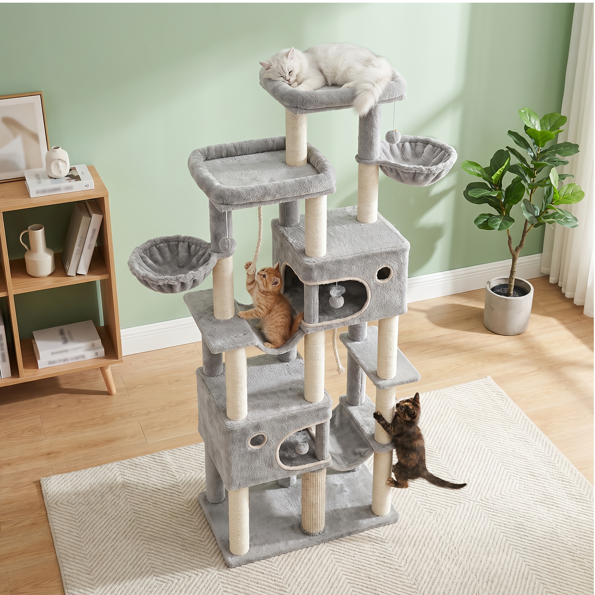 TEMU 215cm Extra Tall Xxl Large Cat Tree 5 Thickened Natural Sisal Posts, Double Enclosed Light-proof Caves, Double Suspended Embracing Cat Baskets,