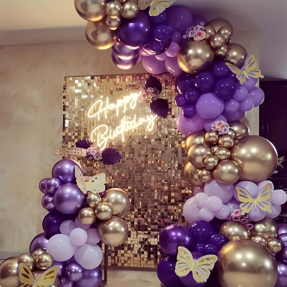 

136pcs Purple Balloon Garland Arch Kit Purple Golden Balloon Butterfly Stickers For Birthday Party Decorations, Holiday Decorations, Lavender Decorations