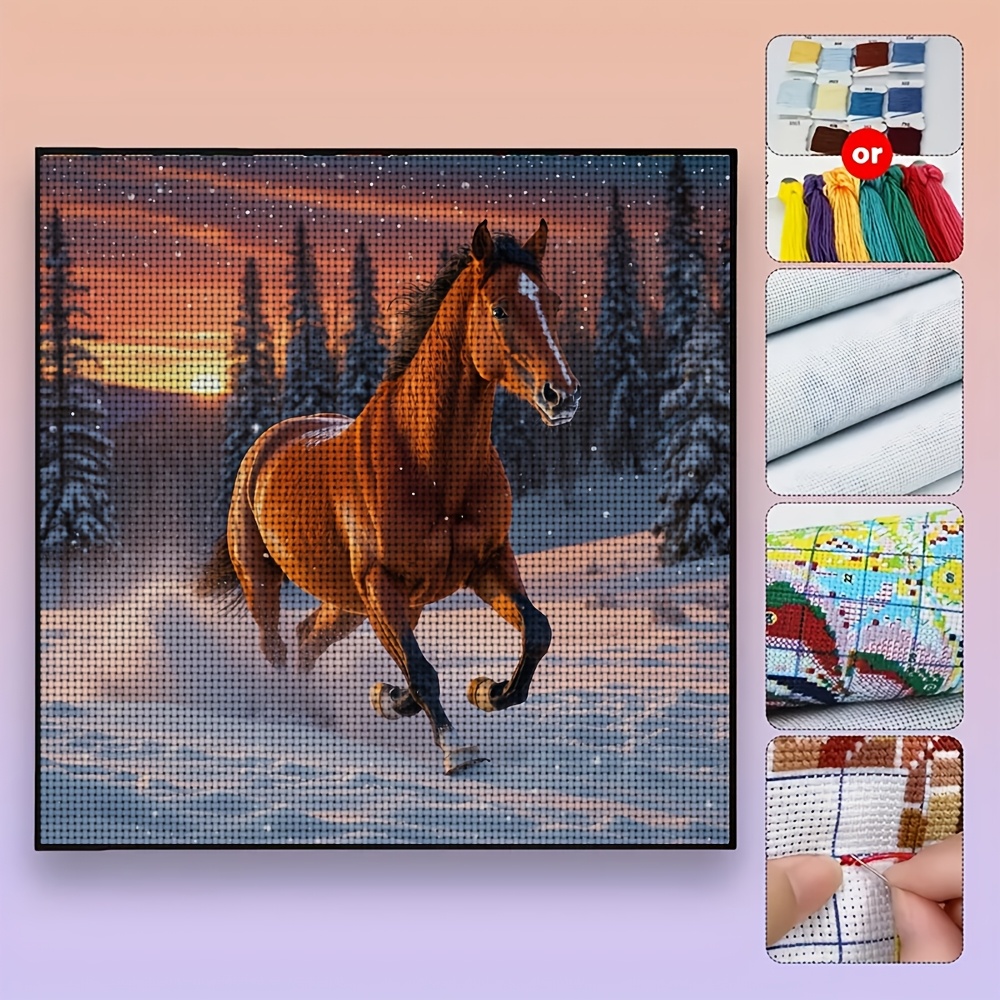 Stitch Print Set, Frameless Galloping Horses in Snowy Sunset Pattern
