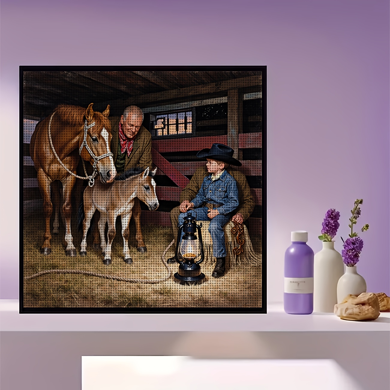 DIY Cross-Stitch Printed Kit with Elderly Man and Foal Design